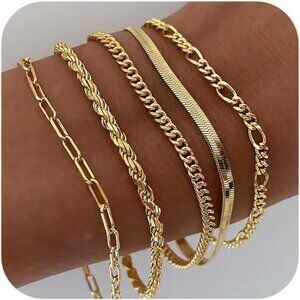 DEARMAY 14K Gold Plated Waterproof Bracelets for Women Dainty Stackable Set